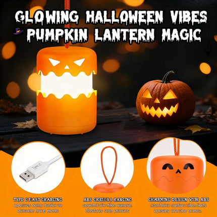 3PCS 360°Beam Hanging Pumpkin Lantern with Double-Sided Spooky Expressions and Telescopic Pull-to-Open Design, Portable Rechargeable Halloween Light, Dimmable Warm LED Party Decor