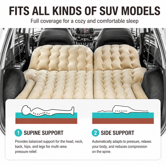 Black Large Inflatable Universal Car Air Mattress with 2 Pillows, Pump and Storage Bag - Dual Zone Split Bed Soft Flocked Camping Travel Bed Integrated Head / Backrest Buffer for SUV MPV Long drives