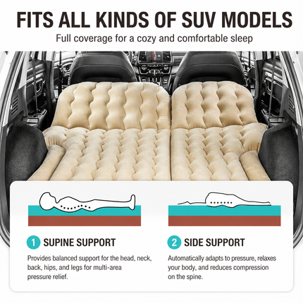 Beige Large Inflatable Universal Car Air Mattress with 2 Pillows, Pump and Storage Bag - Dual Zone Split Bed Soft Flocked Camping Travel Bed Integrated Head / Backrest Buffer for SUV MPV Long drives
