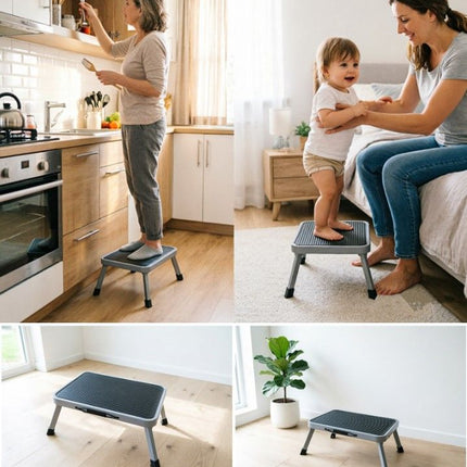 Compact Folding Carbon Steel Step Stool, Heavy Duty 150kg Capacity Step Stool with Non-slip Grooved Platform Mat and Secure Leg Lock Pins 46 x 30 x 17.5 cm