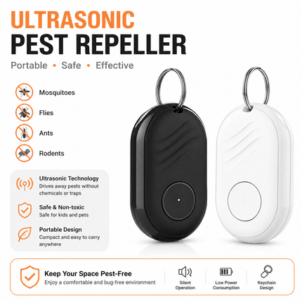 2PCS Black and White Portable Ultrasonic Pest and Mosquito Repeller with Lanyard Loop - TypeC Rechargeable Ultra-Long Battery Life