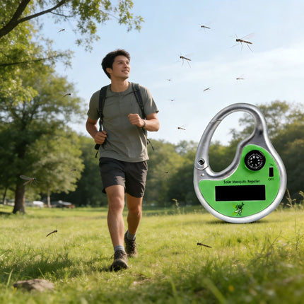 Solar Powered Eco-Friendly Ultrasonic Mosquito Repeller - Portable Pest Deterrent with Compass and Carabiner Clip