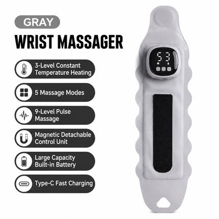 Portable EMS Wrist Massager - 3 in 1 Heating Pulse Sports Hand Wrap with 3 Heat Therapy, 9 Massage Intensities, 5 Massage Modes and Removable LCD Control, XY-08 Gray