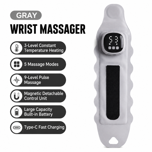 Portable EMS Wrist Massager - 3 in 1 Heating Pulse Sports Hand Wrap with 3 Heat Therapy, 9 Massage Intensities, 5 Massage Modes and Removable LCD Control, XY-08 Gray