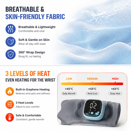 2PCS Portable EMS Wrist Massager - 3 in 1 Heating Pulse Sports Hand Wrap with 3 Heat Therapy, 9 Massage Intensities, 5 Massage Modes and Removable LCD Control, XY-08 Gray