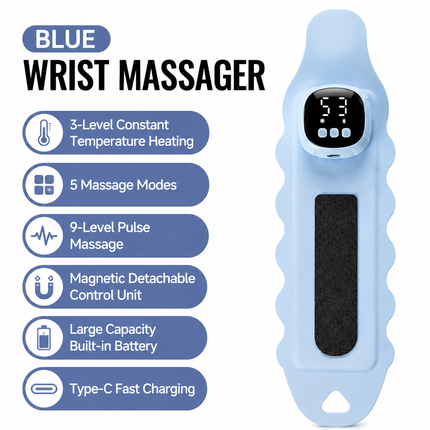 2PCS Portable EMS Wrist Massager - 3 in 1 Heating Pulse Sports Hand Wrap with 3 Heat Therapy, 9 Massage Intensities, 5 Massage Modes and Removable LCD Control, XY-08 Blue