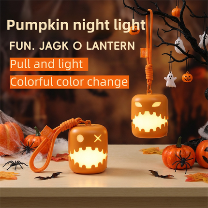 Dual-Sided Halloween Pumpkin Fun Lantern - Rechargeable Pull Cord LED Night Light with 7-Color Flash and Warm White Modes