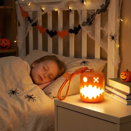 Dual-Sided Halloween Pumpkin Fun Lantern - Rechargeable Pull Cord LED Night Light with 7-Color Flash and Warm White Modes
