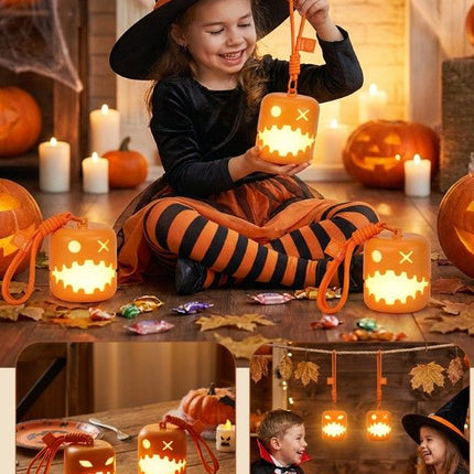 2PCS Dual-Sided Halloween Pumpkin Fun Lantern - Rechargeable Pull Cord LED Night Light with 7-Color Flash and Warm White Modes