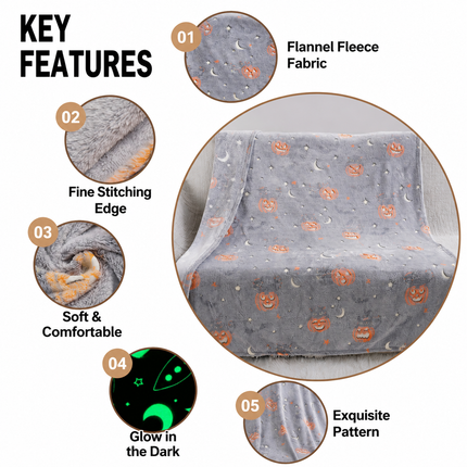 Glow in the Dark Flannel Blanket with Playful Hallowen Pumpkin (S126 / 130 x 150CM) - Versatile Soft Plush Magic Throw Blanket, Durable High Density Woven & Machine Washable for All-Season Use