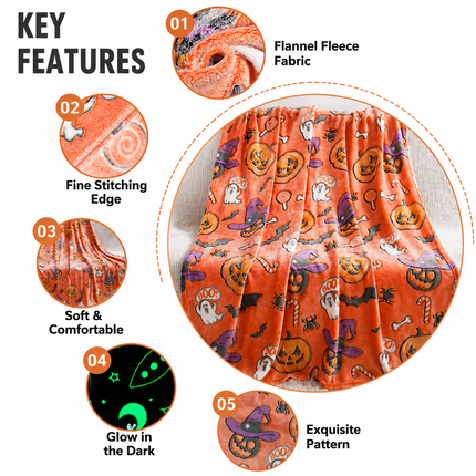 Glow in the Dark Flannel Blanket with Playful Hallowen Pumpkin (S144 / 75 x 100CM) - Versatile Soft Plush Magic Throw Blanket, Durable High Density Woven & Machine Washable for All-Season Use