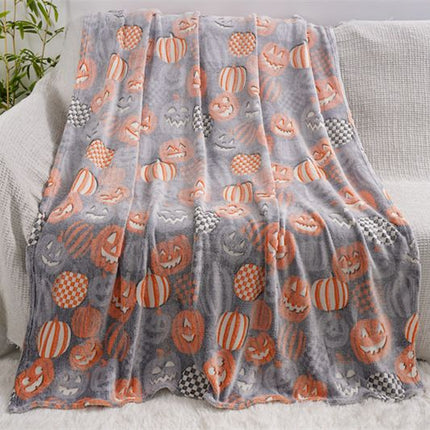 Glow in the Dark Flannel Blanket with Playful Hallowen Pumpkin (S128 / 130 x 150CM) - Versatile Soft Plush Magic Throw Blanket, Durable High Density Woven & Machine Washable for All-Season Use