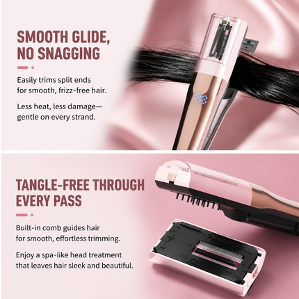 2 in 1 Black Mini Split End Hair Trimmer and Straightening Comb - Cordless USB Rechargeable Hair Cut Remover Tool with Removable Blade for Easy Hair Smoothing Without Reducing Overall Length