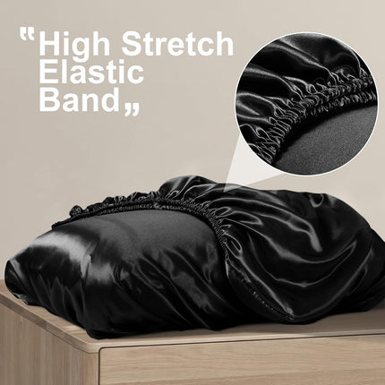 2 Pack Black Satin Adjustable Pillowcases Set of Standard Size 20x26" - Soft Faux Silk Travel Covers for Hair & Skin, with Elastic Band Fit Various Pillows