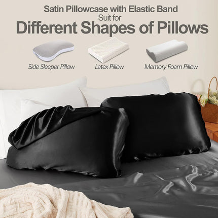 2 Pack Black Satin Adjustable Pillowcases Set of Queen Size 20x30" - Soft Faux Silk Travel Covers for Hair & Skin, with Elastic Band Fit Various Pillows