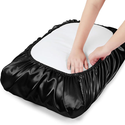 2 Pack Black Satin Adjustable Pillowcases Set of Queen Size 20x30" - Soft Faux Silk Travel Covers for Hair & Skin, with Elastic Band Fit Various Pillows