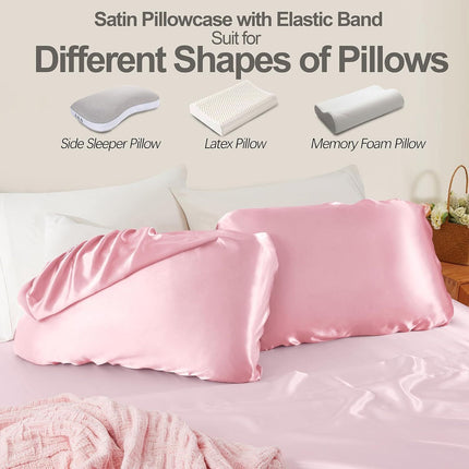 2 Pack Pink Satin Adjustable Pillowcases Set of Standard Size 20x26" - Soft Faux Silk Travel Covers for Hair & Skin, with Elastic Band Fit Various Pillows