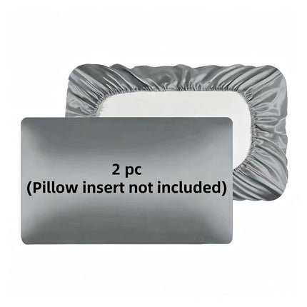 2 Pack Grey Satin Adjustable Pillowcases Set of Standard Size 20x26" - Soft Faux Silk Travel Covers for Hair & Skin, with Elastic Band Fit Various Pillows