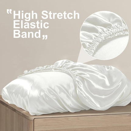2 Pack White Satin Adjustable Pillowcases Set of Queen Size 20x30" - Soft Faux Silk Travel Covers for Hair & Skin, with Elastic Band Fit Various Pillows