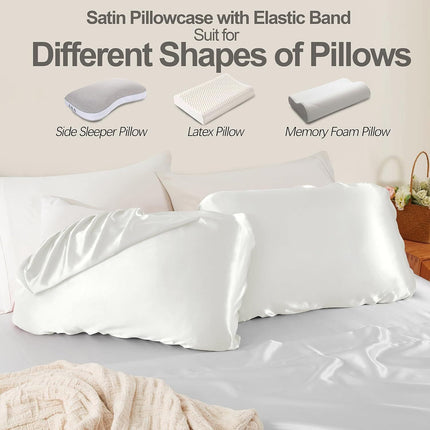 2 Pack White Satin Adjustable Pillowcases Set of Queen Size 20x30" - Soft Faux Silk Travel Covers for Hair & Skin, with Elastic Band Fit Various Pillows