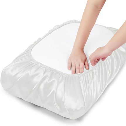 2 Pack White Satin Adjustable Pillowcases Set of Queen Size 20x30" - Soft Faux Silk Travel Covers for Hair & Skin, with Elastic Band Fit Various Pillows