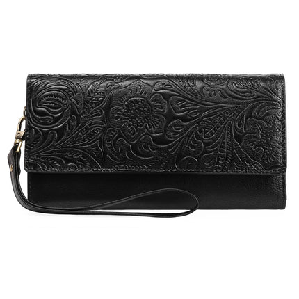 Black Women's Vintage Embossed Microfibre Leather Long Wallet - Large Capacity Trifold Clutch with Muti Pockets and Wristlet Strap