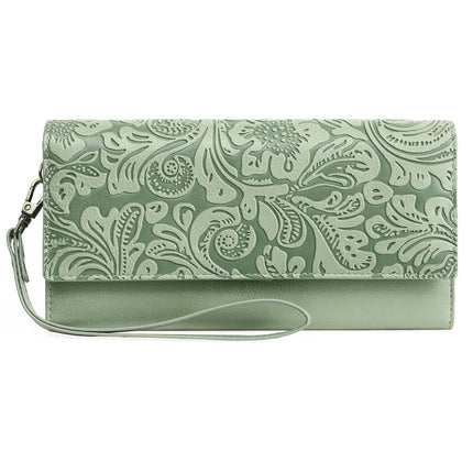 Green Women's Vintage Embossed Microfibre Leather Long Wallet - Large Capacity Trifold Clutch with Muti Pockets and Wristlet Strap