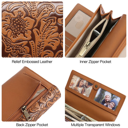 Green Women's Vintage Embossed Microfibre Leather Long Wallet - Large Capacity Trifold Clutch with Muti Pockets and Wristlet Strap