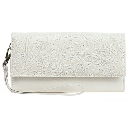 White Women's Vintage Embossed Microfibre Leather Long Wallet - Large Capacity Trifold Clutch with Muti Pockets and Wristlet Strap