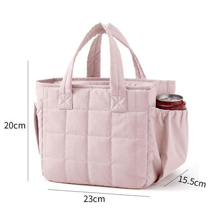 Pink Stylish Insulated Quilted Zipper Lunch Bag for Women - 6L Large Capacity Waterproof Thermal Tote Cooler Bag with Leakproof Lining and 2 Side Pockets for Lunch Boxes, Fruit and Drinks