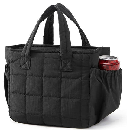 Black Stylish Insulated Quilted Zipper Lunch Bag for Women - 6L Large Capacity Waterproof Thermal Tote Cooler Bag with Leakproof Lining and 2 Side Pockets for Lunch Boxes, Fruit and Drinks