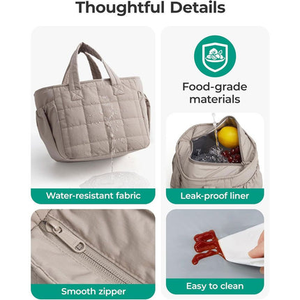 Black Stylish Insulated Quilted Zipper Lunch Bag for Women - 6L Large Capacity Waterproof Thermal Tote Cooler Bag with Leakproof Lining and 2 Side Pockets for Lunch Boxes, Fruit and Drinks