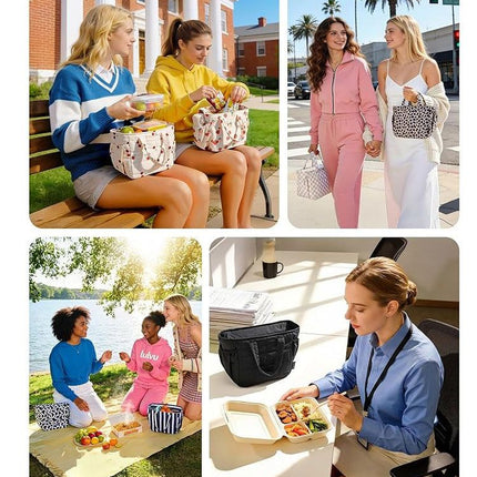 Black Stylish Insulated Quilted Zipper Lunch Bag for Women - 6L Large Capacity Waterproof Thermal Tote Cooler Bag with Leakproof Lining and 2 Side Pockets for Lunch Boxes, Fruit and Drinks
