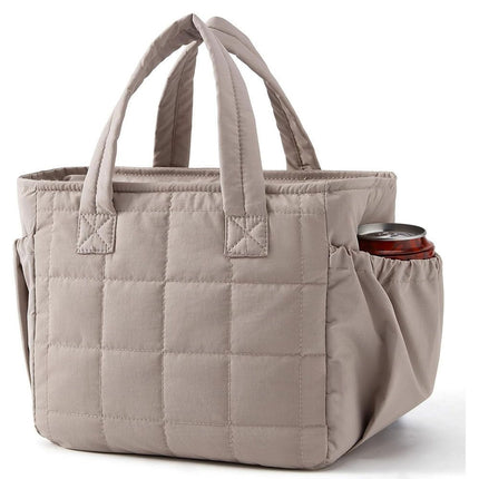 Khaki Stylish Insulated Quilted Zipper Lunch Bag for Women - 6L Large Capacity Waterproof Thermal Tote Cooler Bag with Leakproof Lining and 2 Side Pockets for Lunch Boxes, Fruit and Drinks