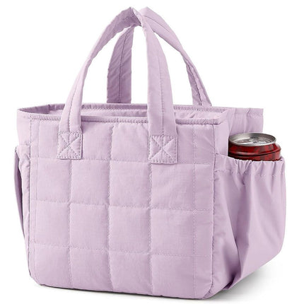 Purple Stylish Insulated Quilted Zipper Lunch Bag for Women - 6L Large Capacity Waterproof Thermal Tote Cooler Bag with Leakproof Lining and 2 Side Pockets for Lunch Boxes, Fruit and Drinks