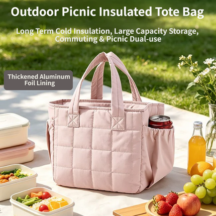Purple Stylish Insulated Quilted Zipper Lunch Bag for Women - 6L Large Capacity Waterproof Thermal Tote Cooler Bag with Leakproof Lining and 2 Side Pockets for Lunch Boxes, Fruit and Drinks