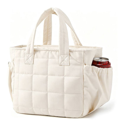 Beige Stylish Insulated Quilted Zipper Lunch Bag for Women - 6L Large Capacity Waterproof Thermal Tote Cooler Bag with Leakproof Lining and 2 Side Pockets for Lunch Boxes, Fruit and Drinks