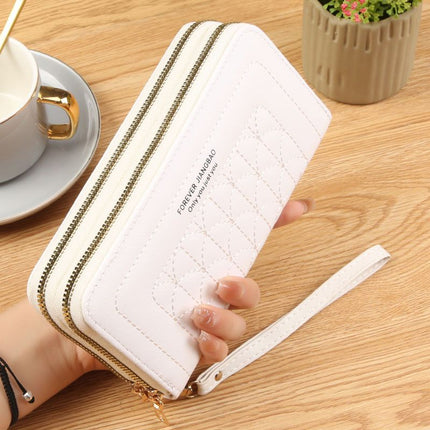 White Womens Embroidered Double Zipper Long Trifold Wallet - 19 x 10 x 4.5cm Large Capacity PU Leather Clutch with Cash Card Phone Slots and Zipper Pocket