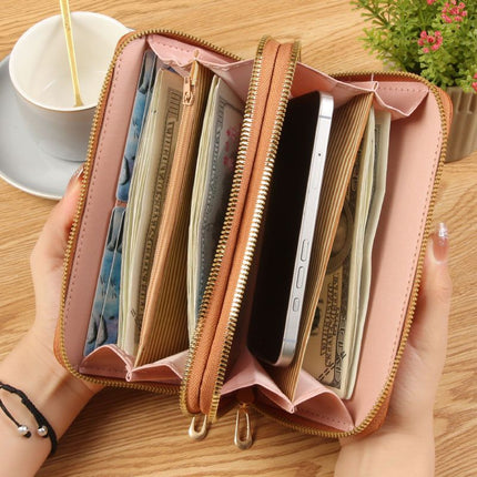 White Womens Embroidered Double Zipper Long Trifold Wallet - 19 x 10 x 4.5cm Large Capacity PU Leather Clutch with Cash Card Phone Slots and Zipper Pocket