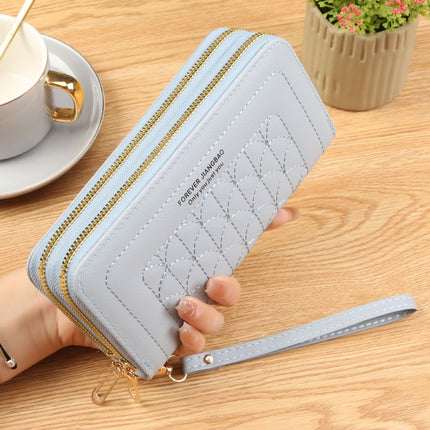 Light Blue Womens Embroidered Double Zipper Long Trifold Wallet - 19 x 10 x 4.5cm Large Capacity PU Leather Clutch with Cash Card Phone Slots and Zipper Pocket