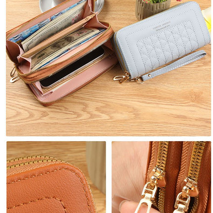 Light Blue Womens Embroidered Double Zipper Long Trifold Wallet - 19 x 10 x 4.5cm Large Capacity PU Leather Clutch with Cash Card Phone Slots and Zipper Pocket