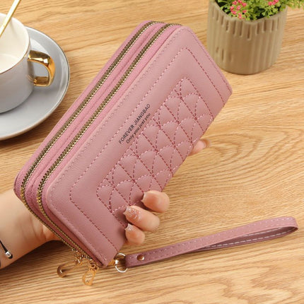 Pink Womens Embroidered Double Zipper Long Trifold Wallet - 19 x 10 x 4.5cm Large Capacity PU Leather Clutch with Cash Card Phone Slots and Zipper Pocket