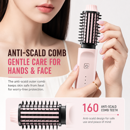Pink 2 in 1 Wireless Hair Straightener and Curler Brush - Lightweight Ceramic Negative Ion Hair Styler with 4 Adjustable Temps and Anti-Scald Dense Comb Teeth, TypeC Charging