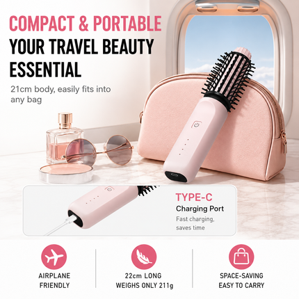Pink 2 in 1 Wireless Hair Straightener and Curler Brush - Lightweight Ceramic Negative Ion Hair Styler with 4 Adjustable Temps and Anti-Scald Dense Comb Teeth, TypeC Charging