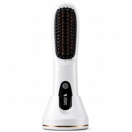 White 4D Straight Hair Comb and Negative Ionic Styler with Dual MCH Ceramic Fast Heating, Anti-Scald Round Comb Teeth, 3 Levels Temp LCD Display and Charging Dock