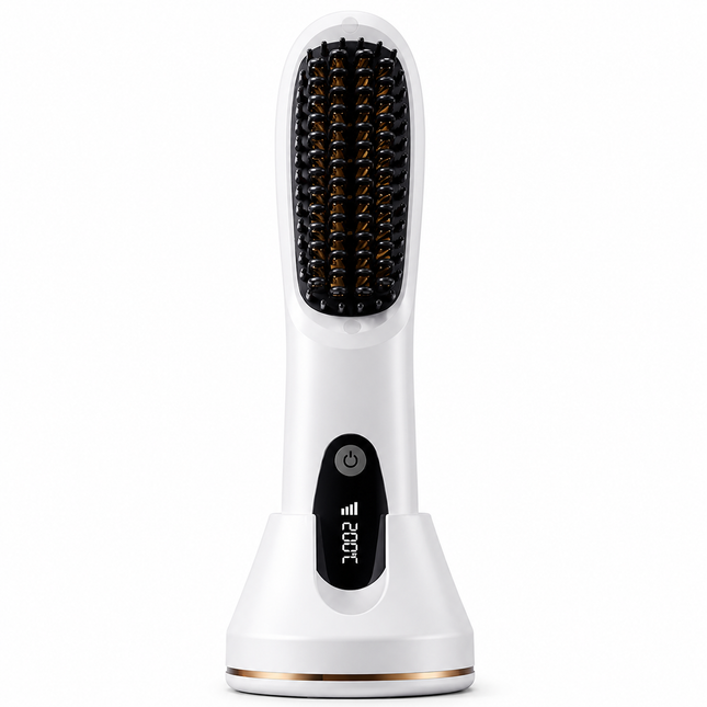 White 4D Straight Hair Comb and Negative Ionic Styler with Dual MCH Ceramic Fast Heating, Anti-Scald Round Comb Teeth, 3 Levels Temp LCD Display and Charging Dock