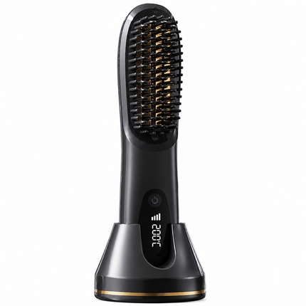 Black 4D Straight Hair Comb and Negative Ionic Styler with Dual MCH Ceramic Fast Heating, Anti-Scald Round Comb Teeth, 3 Levels Temp LCD Display and Charging Dock