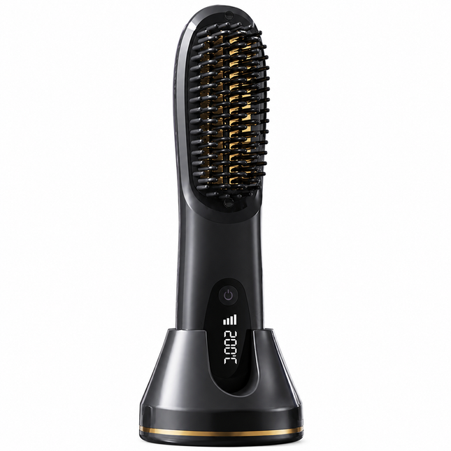 Black 4D Straight Hair Comb and Negative Ionic Styler with Dual MCH Ceramic Fast Heating, Anti-Scald Round Comb Teeth, 3 Levels Temp LCD Display and Charging Dock