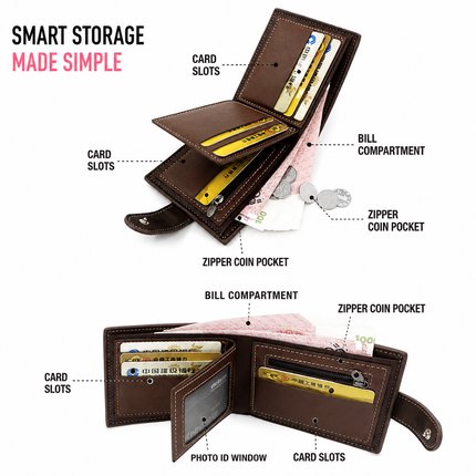 Black Mens Frosted PU Leather Trifold Wallet with Coin Zipper Pocket, Bill / Card Slots and ID Window, Australian Father's Day Gift