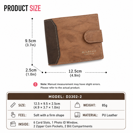 Black Mens Frosted PU Leather Trifold Wallet with Coin Zipper Pocket, Bill / Card Slots and ID Window, Australian Father's Day Gift